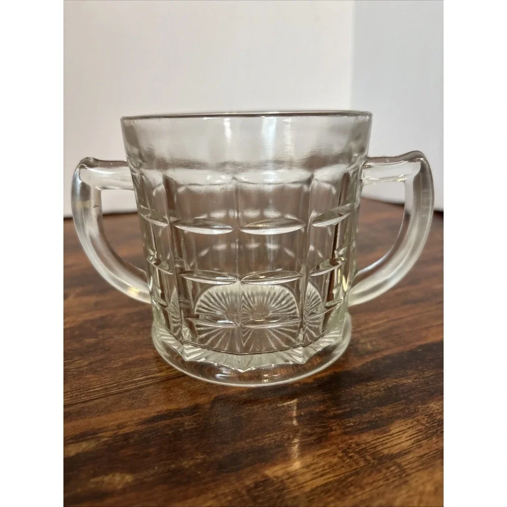 Vintage Federal Glass ClearWaffle Pattern Double Handle SugarBowl Starburst Base